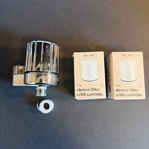 Kitsch Shower Filter (used) and two filter cartridges (new, sealed)
